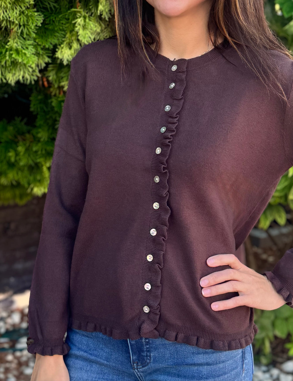 CHOCOLATE RUFFLE EDGE BUTTON UP CARDIGAN
