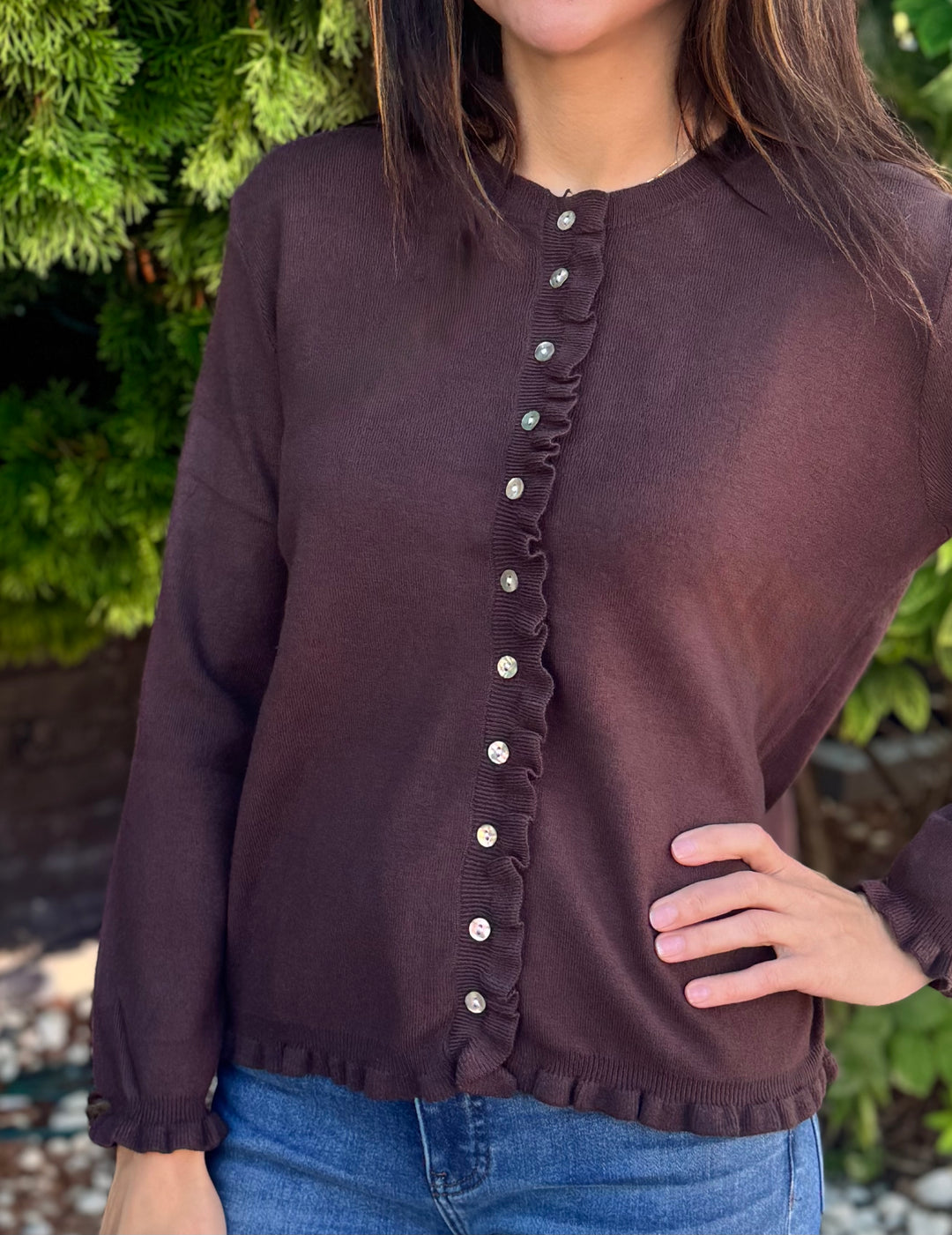 CHOCOLATE RUFFLE EDGE BUTTON UP CARDIGAN