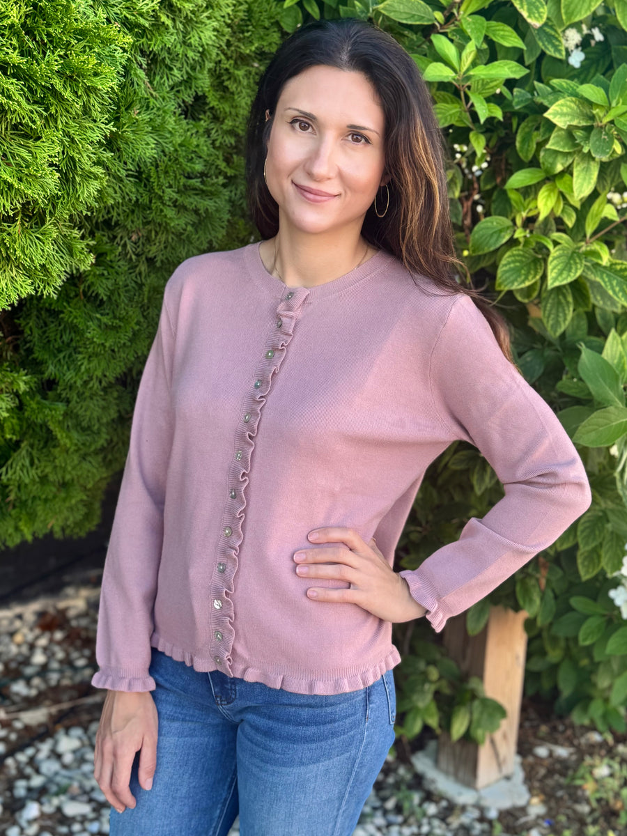 VINTAGE ROSE RUFFLE EDGE BUTTON UP CARDIGAN
