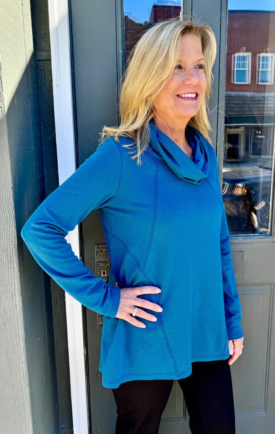 CLAIRE TEAL LUXE COWL TUNIC TOP
