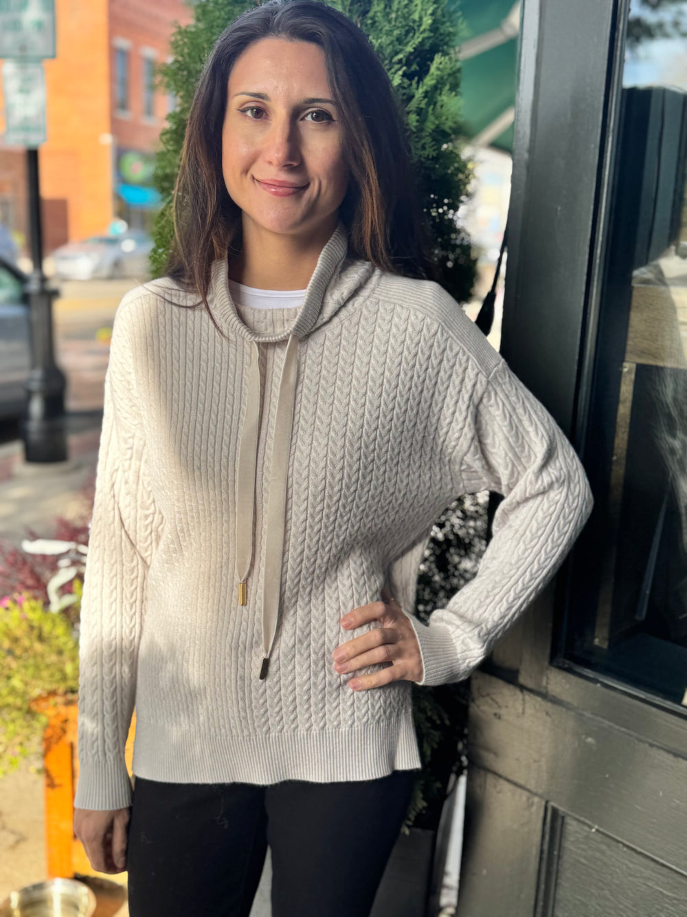 PALE STONE MIXED MEDIA COWL NECK SWEATER
