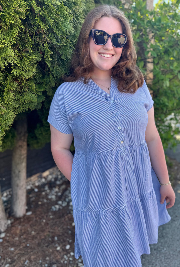 INDIGO STRIPE TIERED DRESS