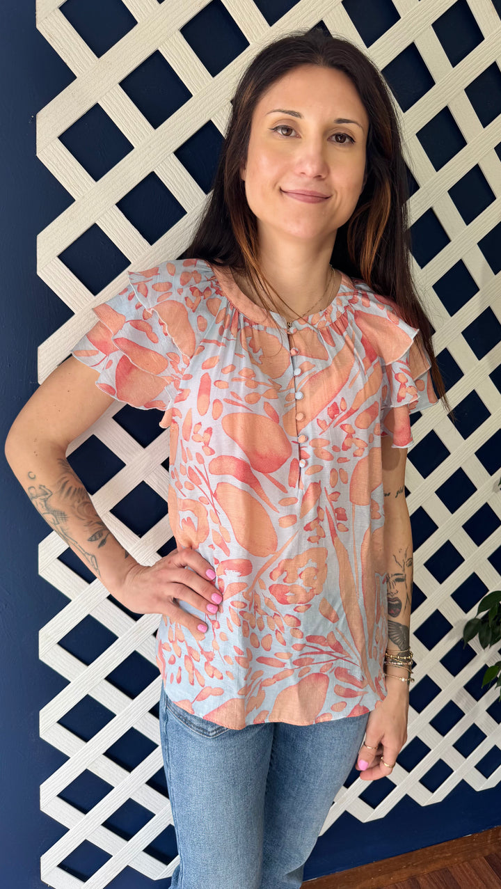 JONI ICE WATER BLOOMING DAHLIAS SHORT SLEEVE TOP