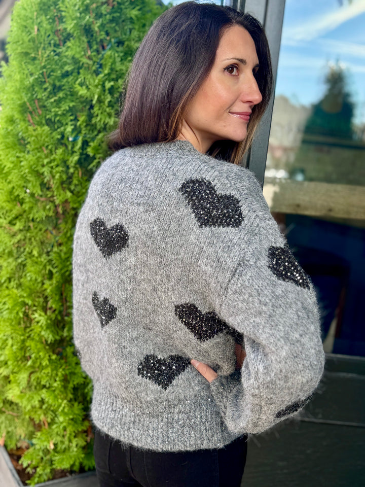 GREY SPARKLE HEART COZY SWEATER