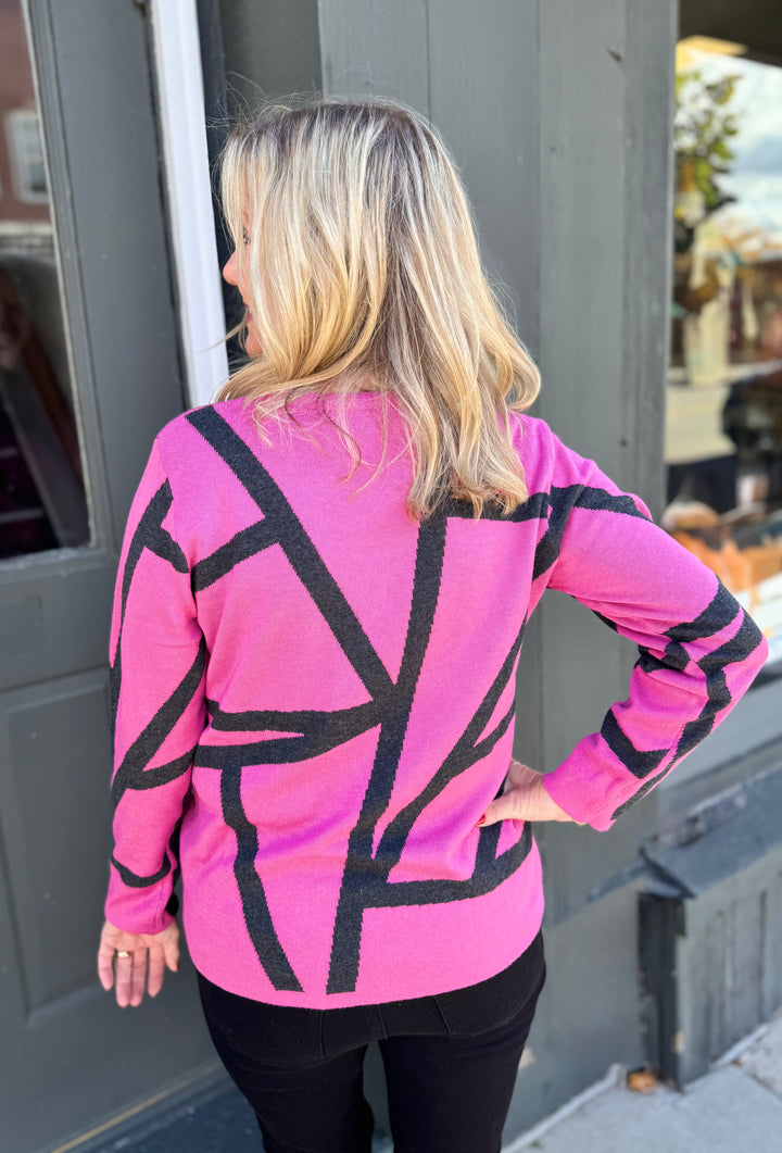 PINK & CHARCOAL GEOMETRIC LINES CREWNECK SWEATER