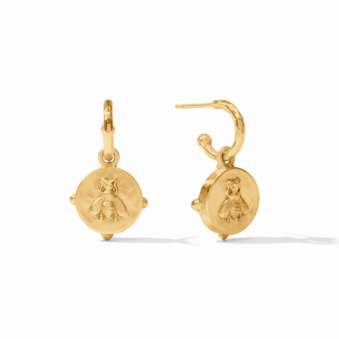 GOLD IRIDECENT SAPPHIRE BLUE HONEYBEE HOOP & CHARM EARRINGS