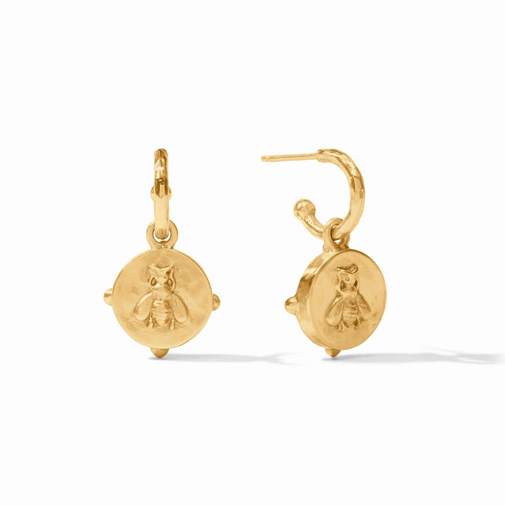 GOLD IRIDECENT SAPPHIRE BLUE HONEYBEE HOOP & CHARM EARRINGS