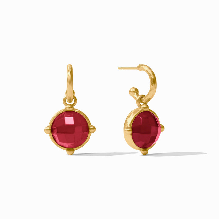 GOLD & IRIDESCENT RUBY RED HONEYBEE HOOP & CHARM EARRINGS