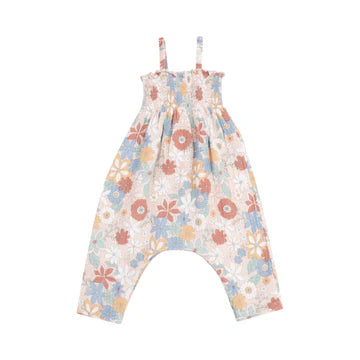 TROPICAL RETRO FLORAL TIE STRAP SMOCKED ROMPER