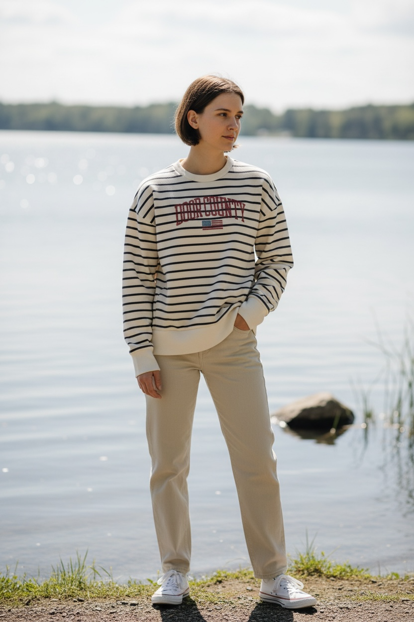 DOOR COUTY USA FLAG EMBROIDERED STRIPE CREW SWEATSHIRT
