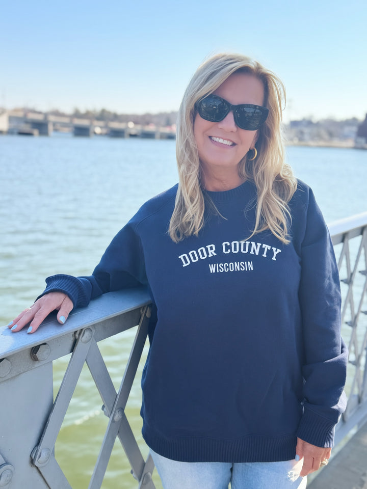 NAVY DOOR COUNTY LUXE EMBROIDERED CREW SWEATSHIRT