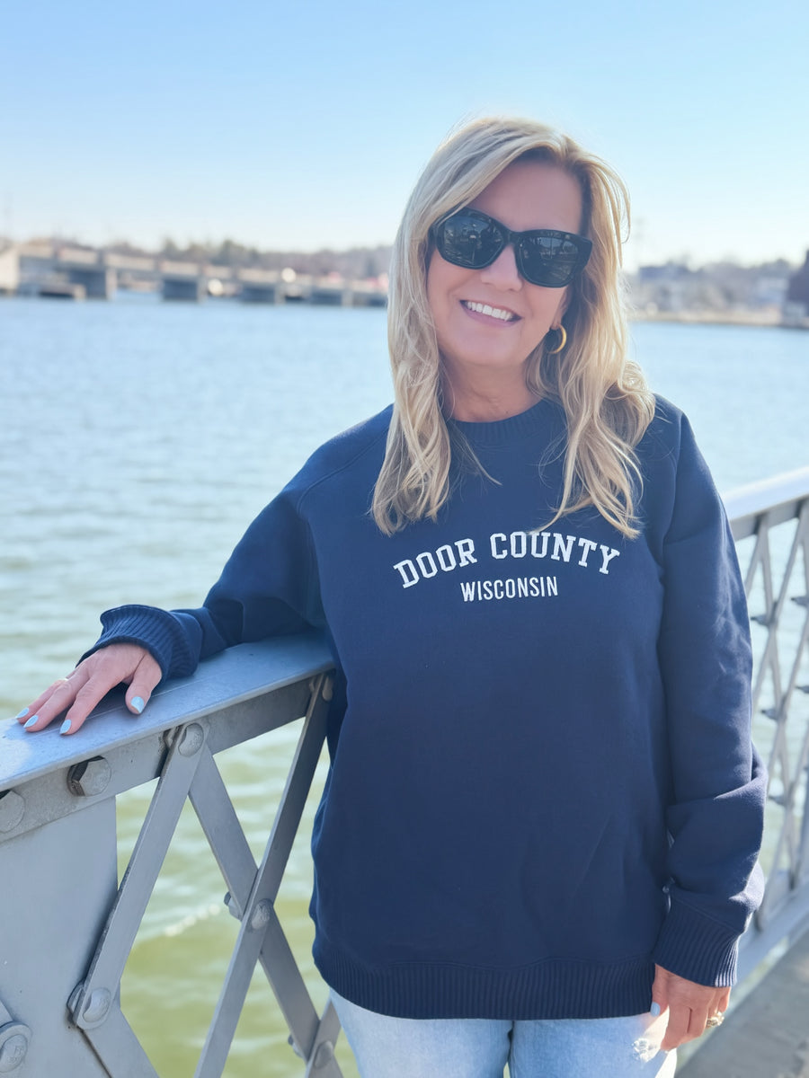NAVY DOOR COUNTY LUXE EMBROIDERED CREW SWEATSHIRT
