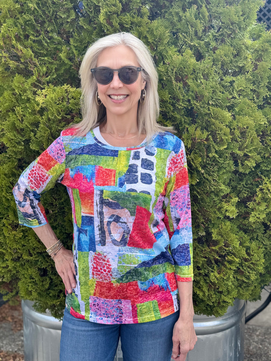 ABSTRACT PATCHWORK PRINT 3/4 SLEEVE TOP
