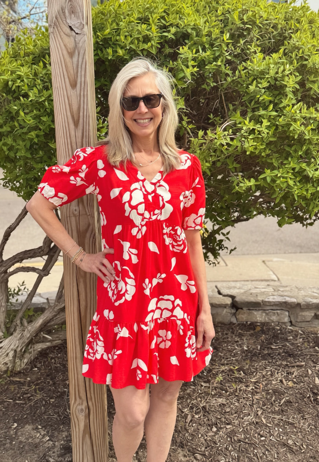 CHERRY RED FLORAL TIERED MINI DRESS W/ RUFFLE HEM