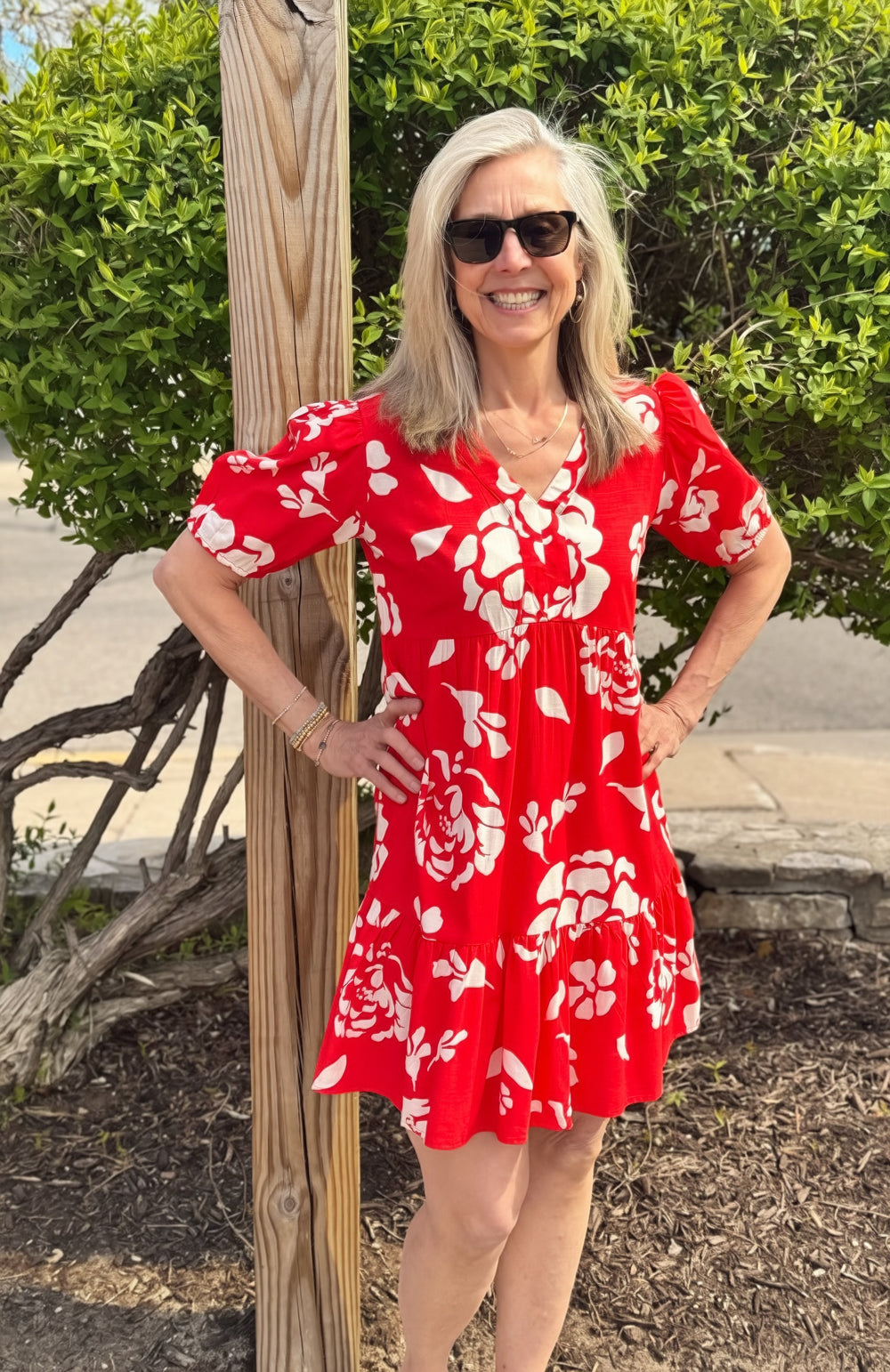 CHERRY RED FLORAL TIERED MINI DRESS W/ RUFFLE HEM
