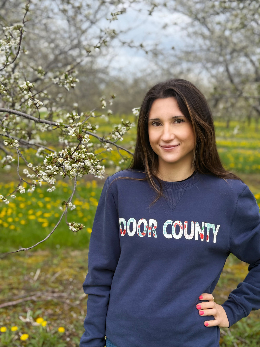 NAVY DOOR COUNTY CHERRY PRINT APPLIQUE CREW SWEATSHIRT