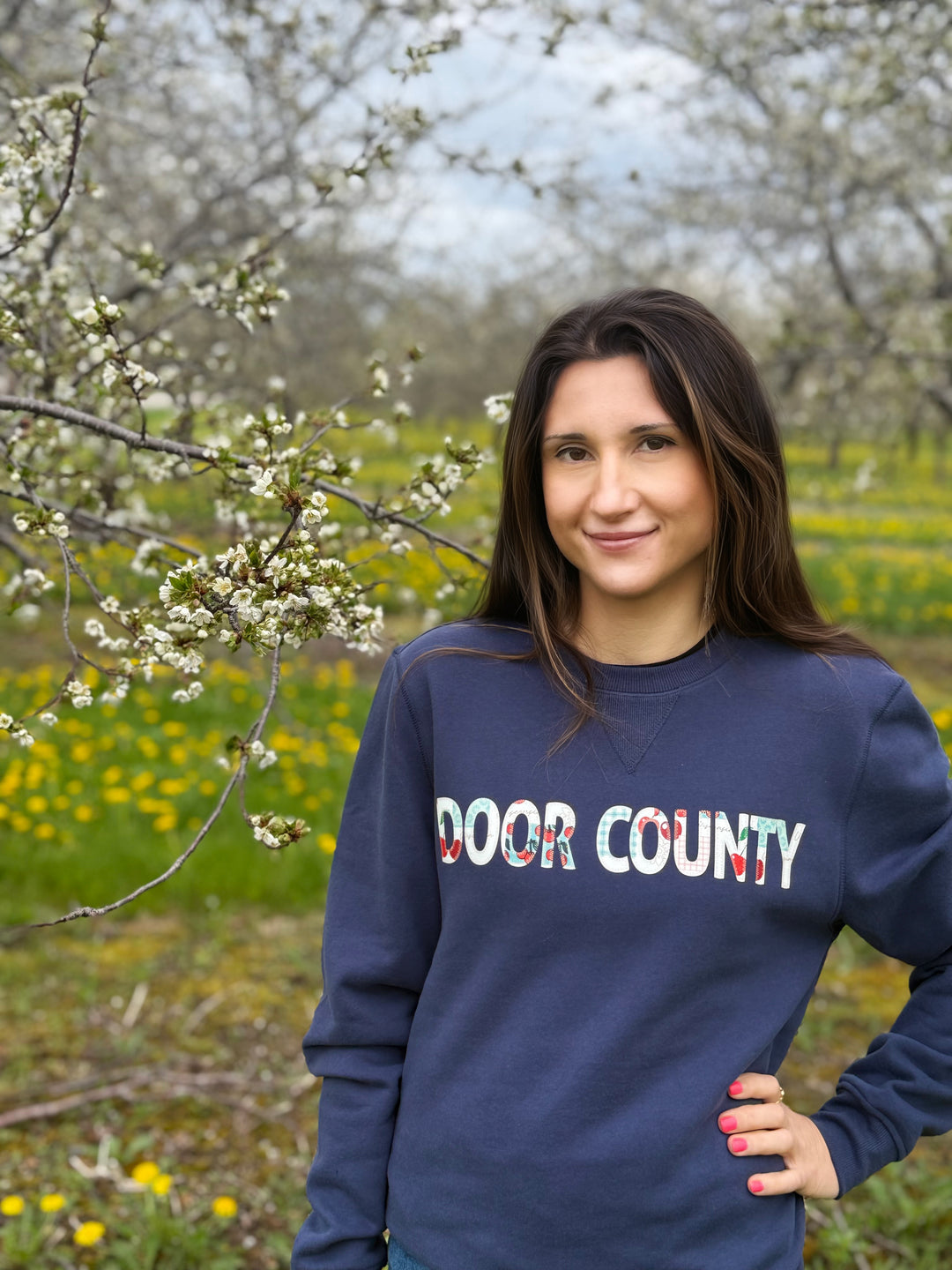 NAVY DOOR COUNTY CHERRY PRINT APPLIQUE CREW SWEATSHIRT