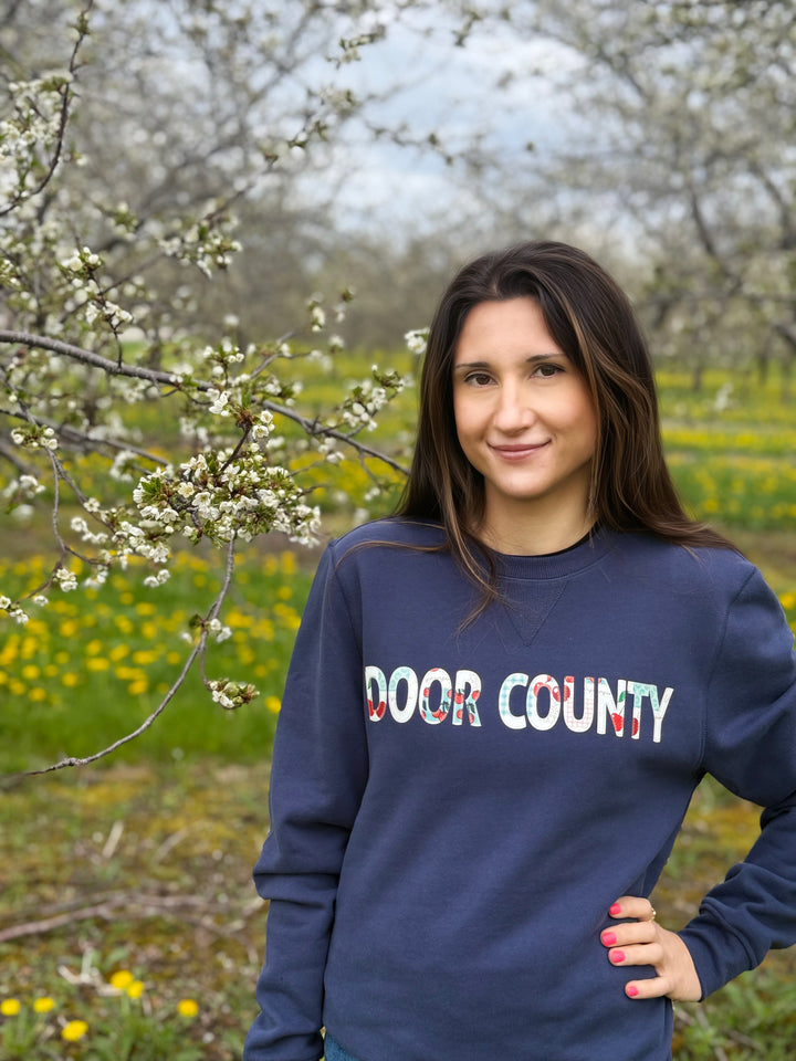 NAVY DOOR COUNTY CHERRY PRINT APPLIQUE CREW SWEATSHIRT