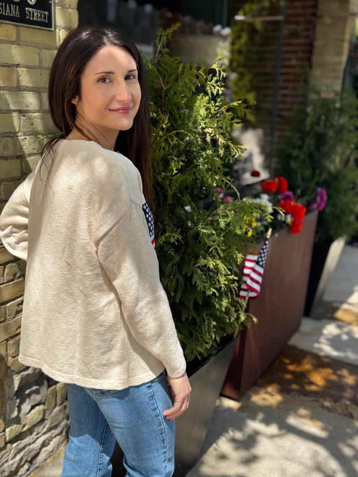 LIBERTY NATURAL AMERICAN FLAG V-NECK SWEATER