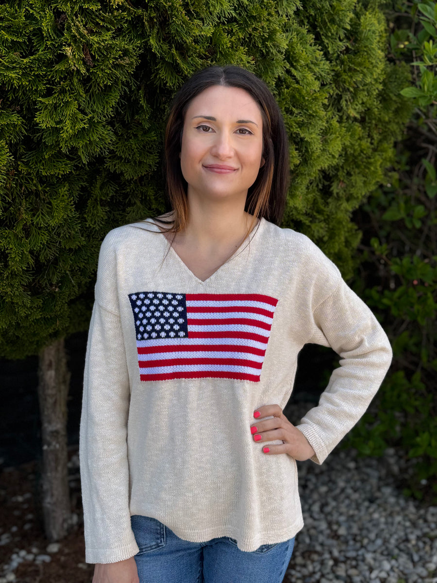 LIBERTY NATURAL AMERICAN FLAG V-NECK SWEATER
