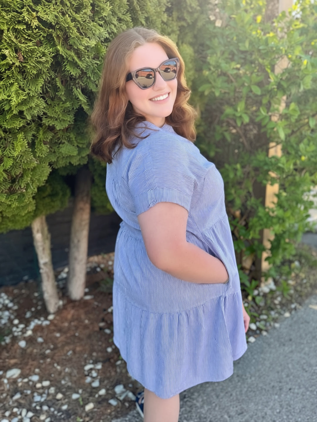 INDIGO STRIPE TIERED DRESS