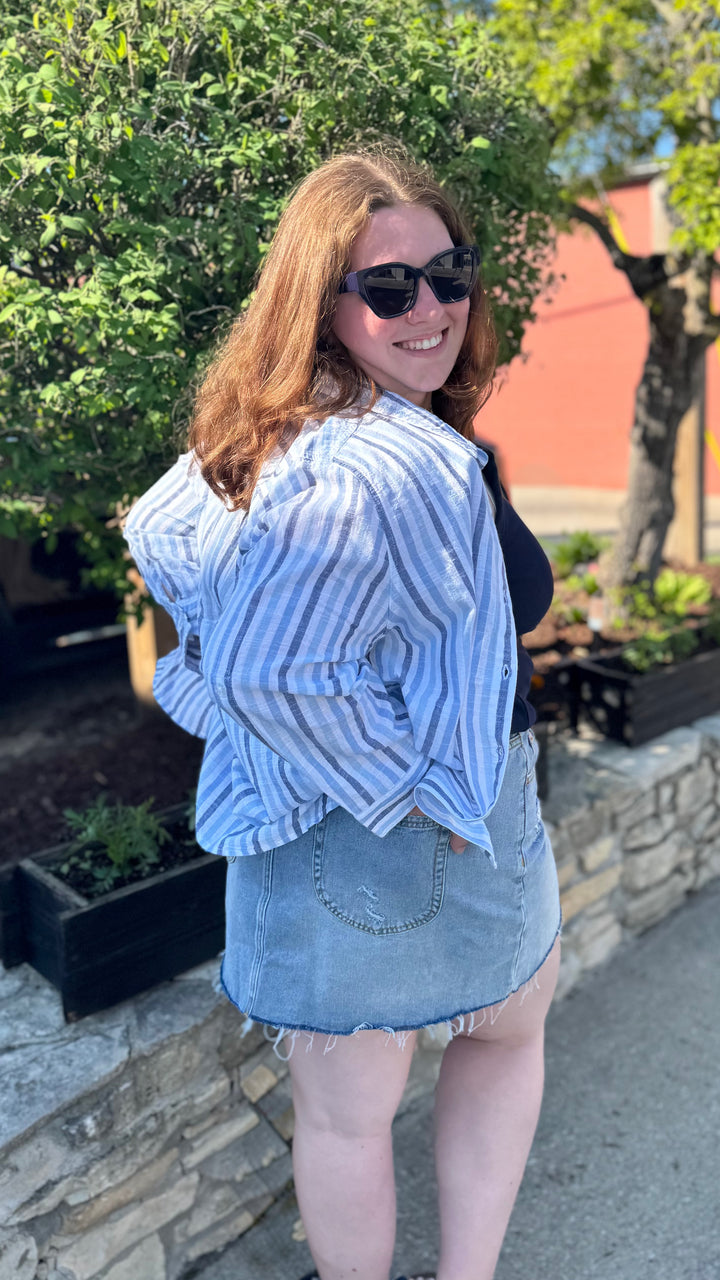 BLUE TONAL 3/4 SLEEVE YARN DYE SHIRT