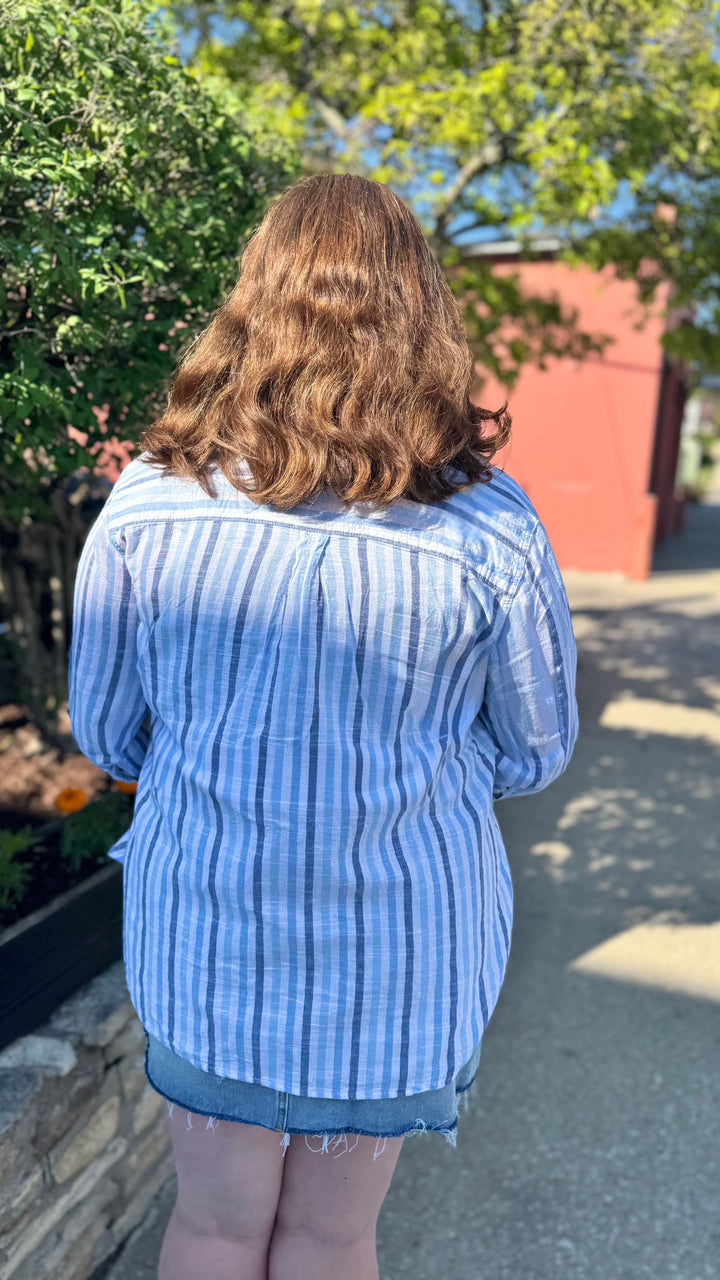 BLUE TONAL 3/4 SLEEVE YARN DYE SHIRT