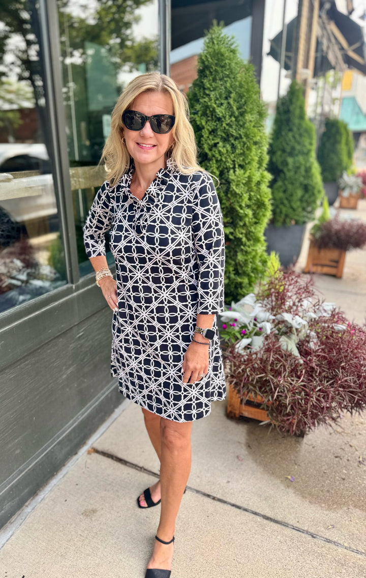 GINA BLACK GEO CIRCLE 3/4 SLEEVE RUFFLE NECK DRESS