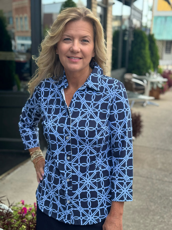 DIANA NAVY GEO CIRCLE BUTTON UP SHIRT