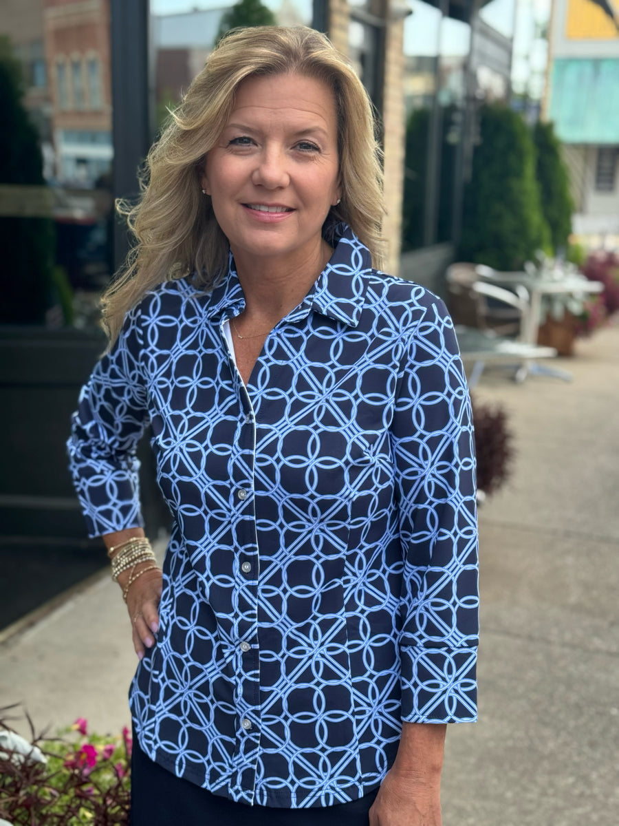 DIANA NAVY GEO CIRCLE BUTTON UP SHIRT
