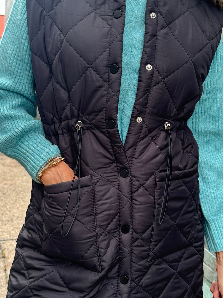 BLACK ZOE LONG QUILTED VEST WITH DRAWSTRING WAIST