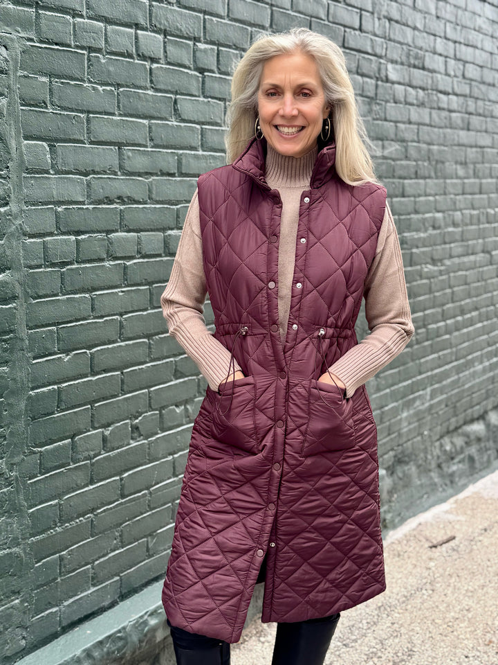 PLUM ZOE LONG QUILTED VEST WITH DRAWSTRING WAIST