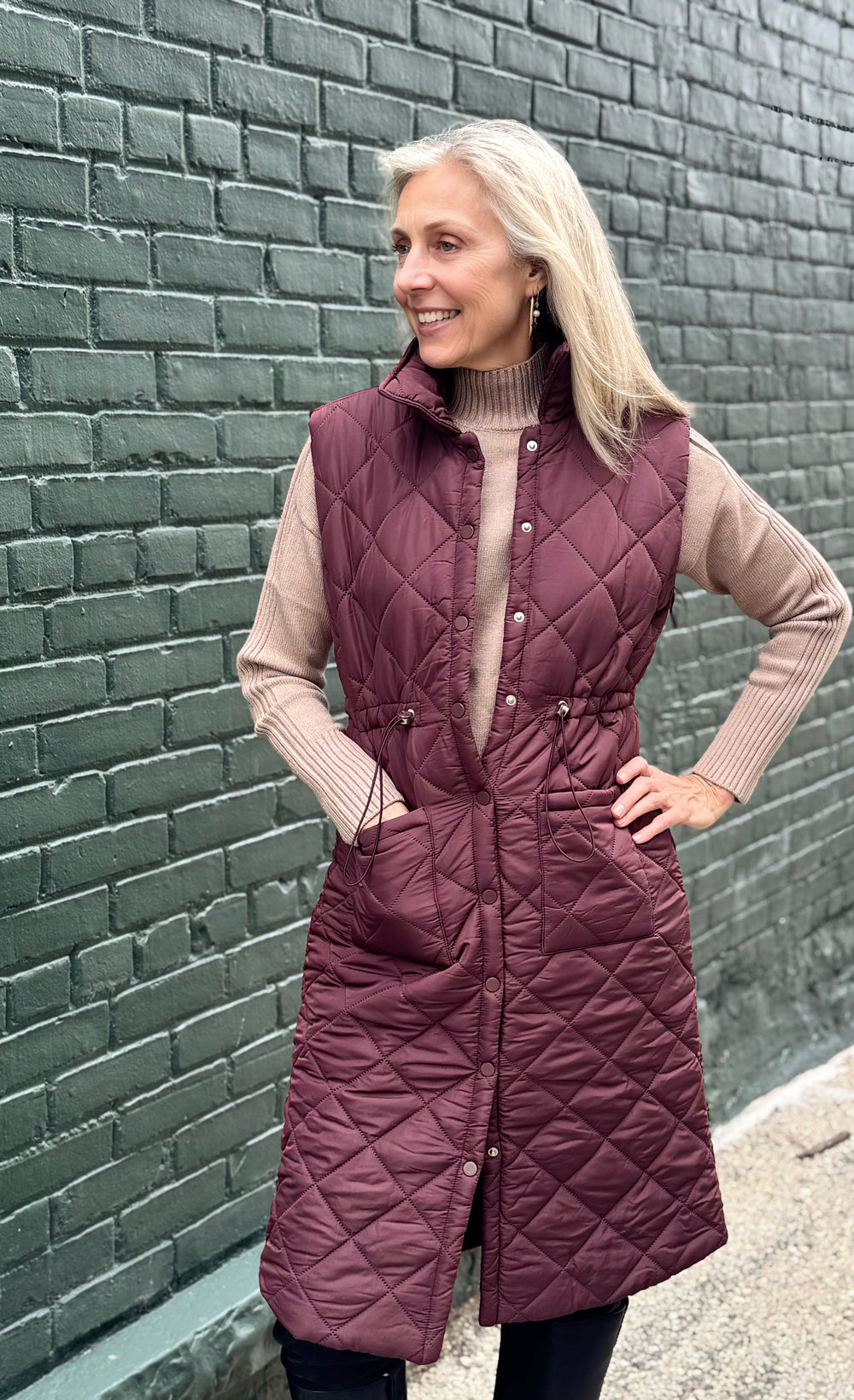PLUM ZOE LONG QUILTED VEST WITH DRAWSTRING WAIST

