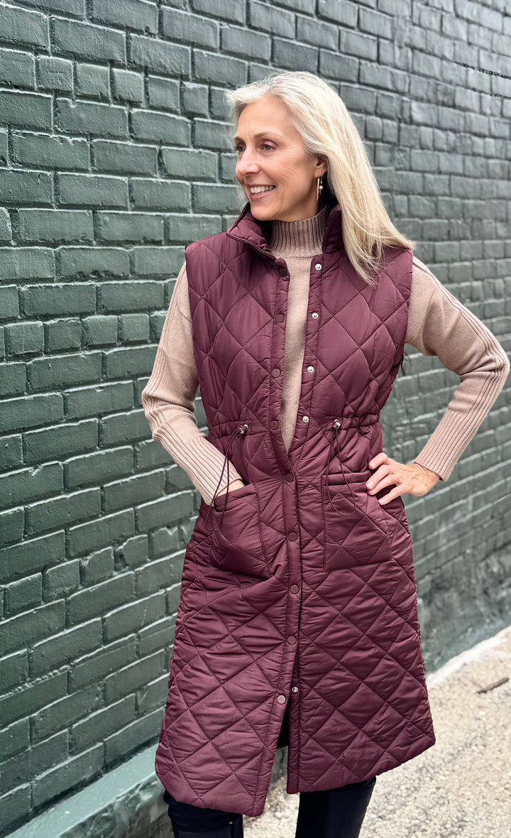 PLUM ZOE LONG QUILTED VEST WITH DRAWSTRING WAIST