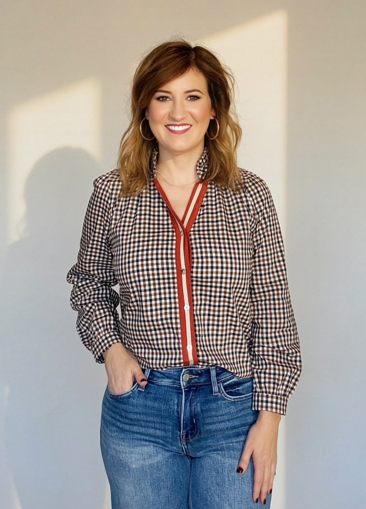 BROWN GINGHAM CHECK RUFFLE NECK TOP