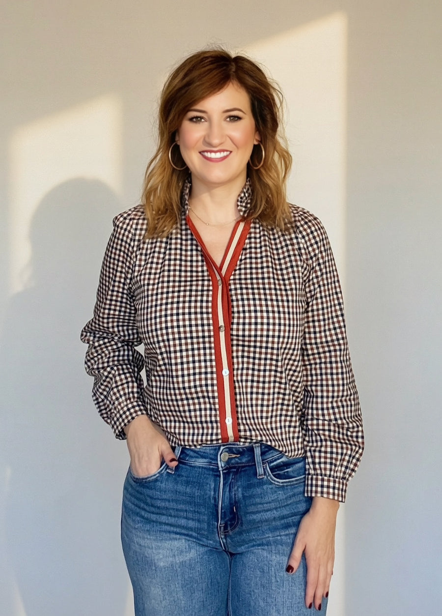 BROWN GINGHAM CHECK RUFFLE NECK TOP
