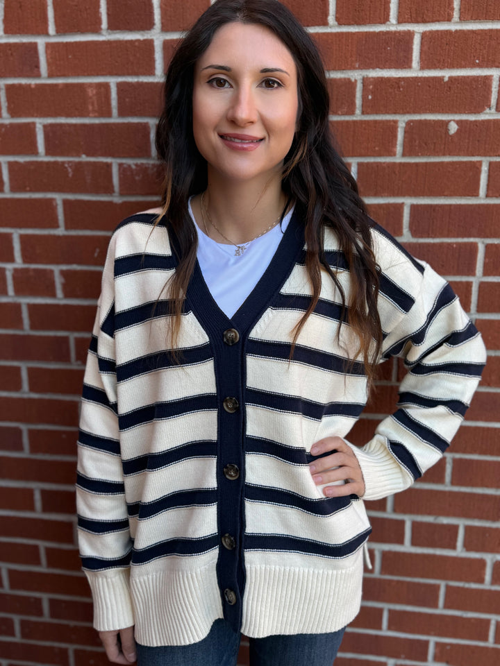 CONNIE NAVY & CREAM STRIPE CARDIGAN