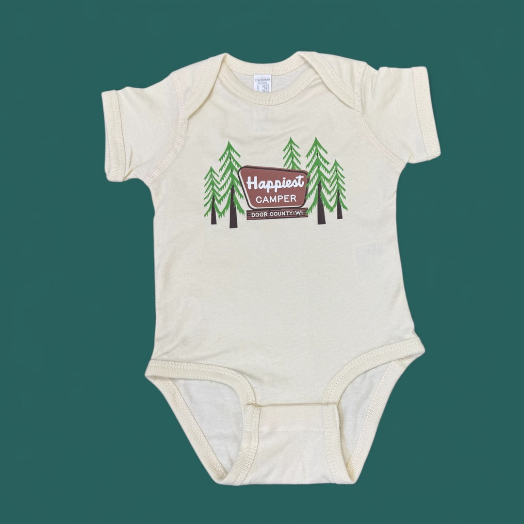 DOOR COUNTY, WI HAPPIEST CAMPER BABY ONESIE