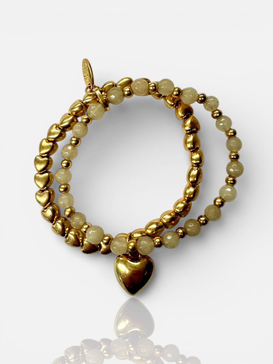 GOLD & MOONSTONE BEADED HEART BRACELET SET
