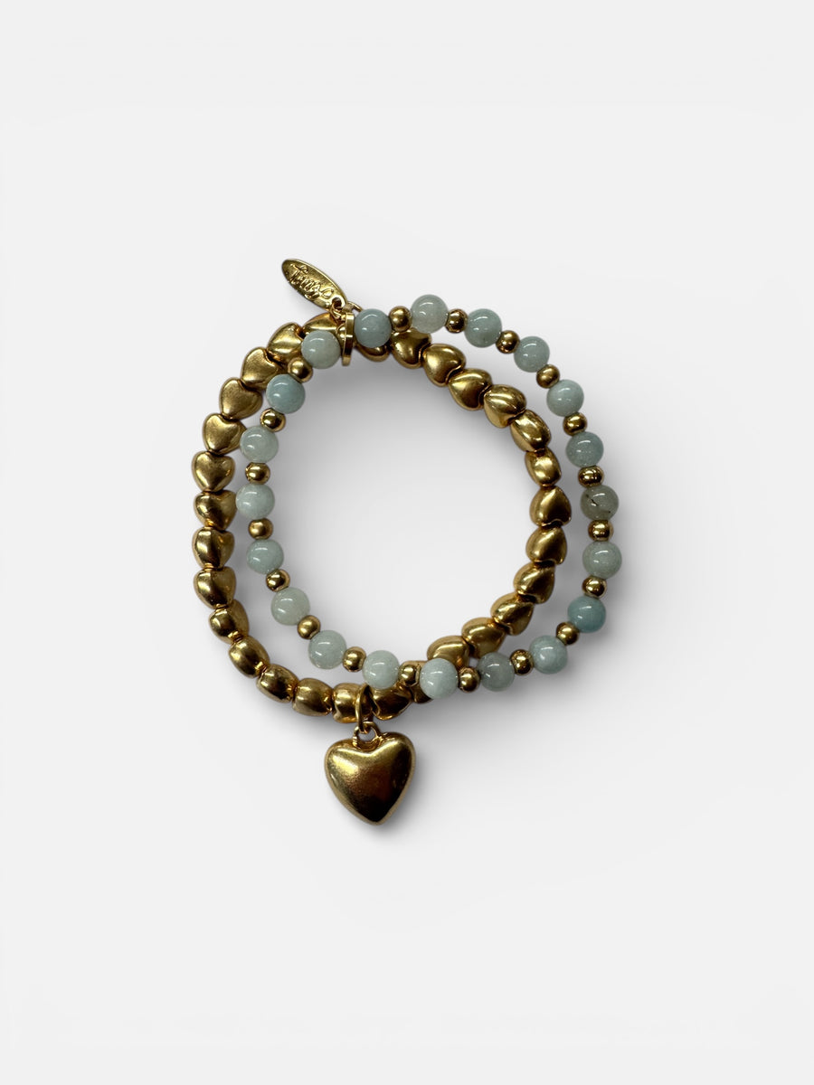 GOLD & AQUAMARINE BEADED HEART BRACELET SET
