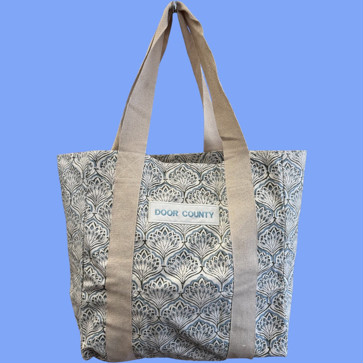 DOOR COUNTY DENIM FLORAL CROWN TOTE BAG