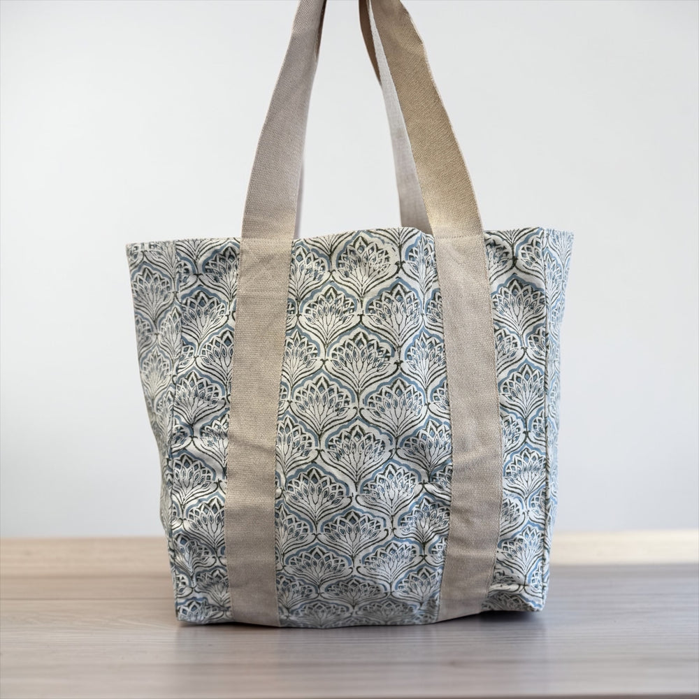 DOOR COUNTY DENIM FLORAL CROWN TOTE BAG
