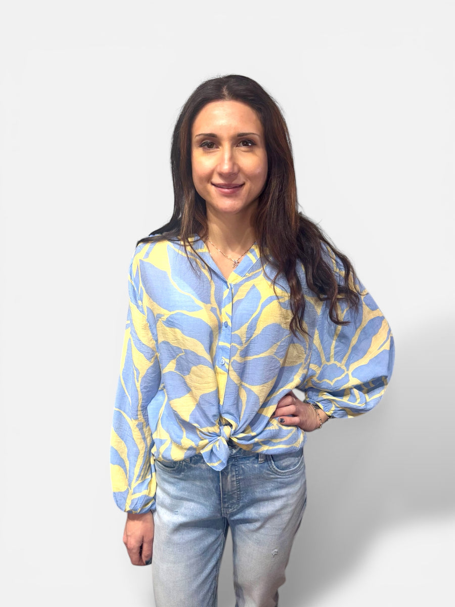 IZZY LEMON YELLOW & CORNFLOWER PRINT TOP
