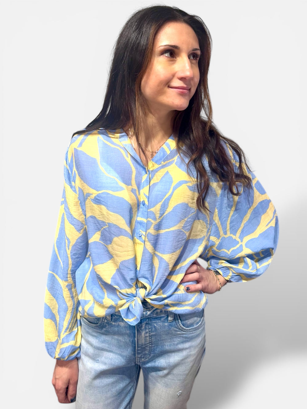 IZZY LEMON YELLOW & CORNFLOWER PRINT TOP
