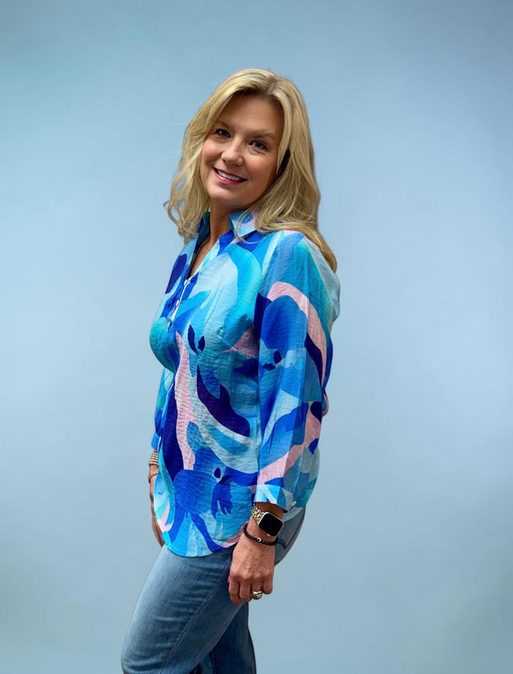 ROYAL PINK & PURPLE 3 BUTTON BLOUSE