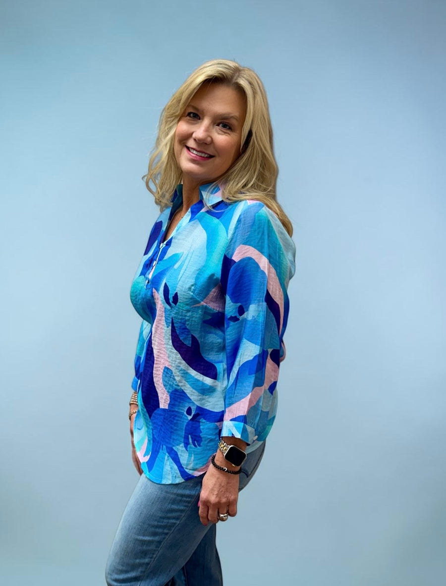 ROYAL PINK & PURPLE 3 BUTTON BLOUSE
