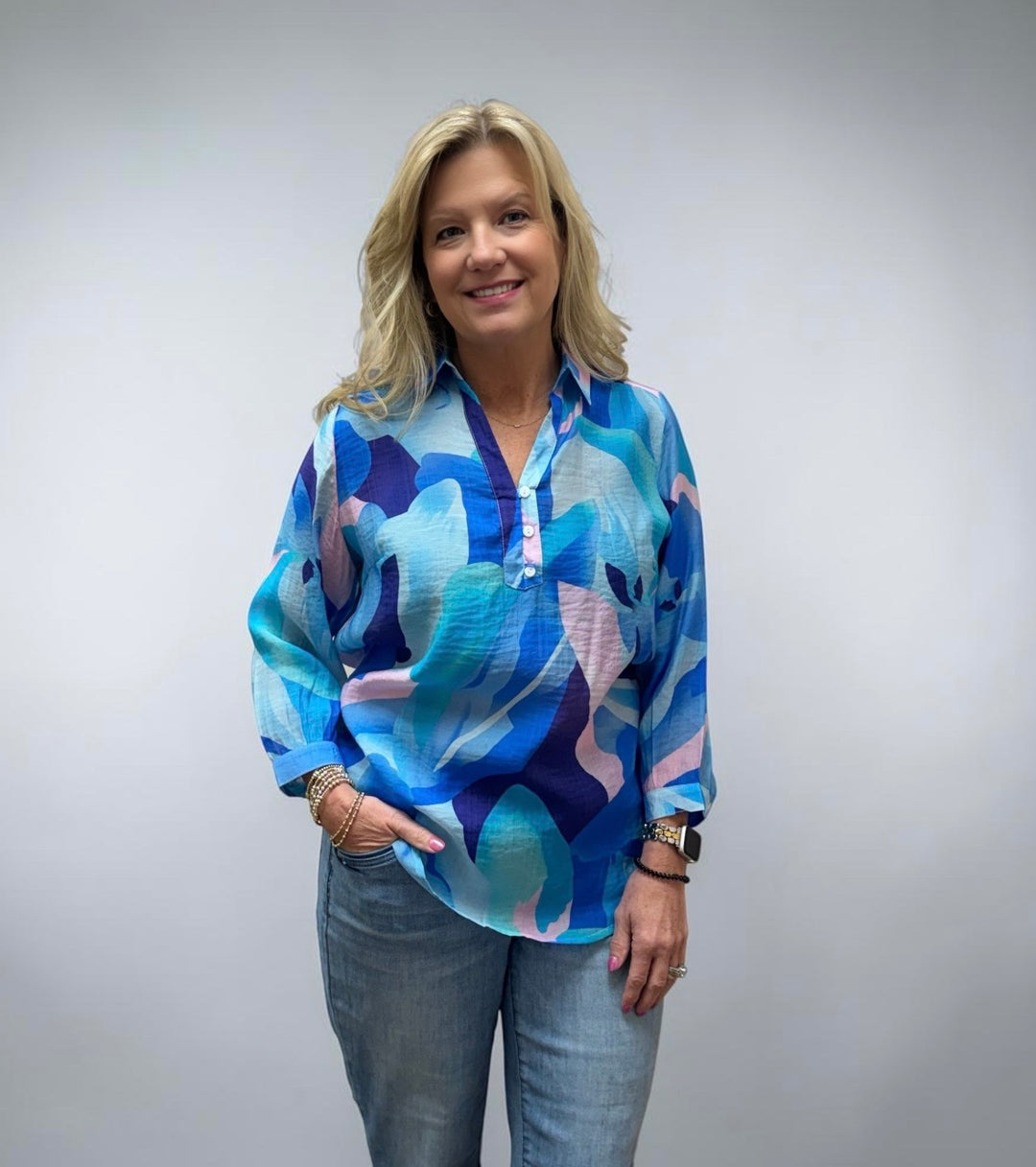 ROYAL PINK & PURPLE 3 BUTTON BLOUSE