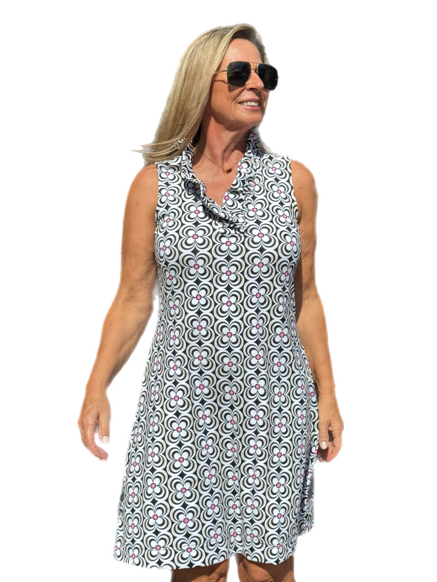 GAYLE BLACK & WHITE OPTIC DAISY SLEEVELESS RUFFLE NECK DRESS
