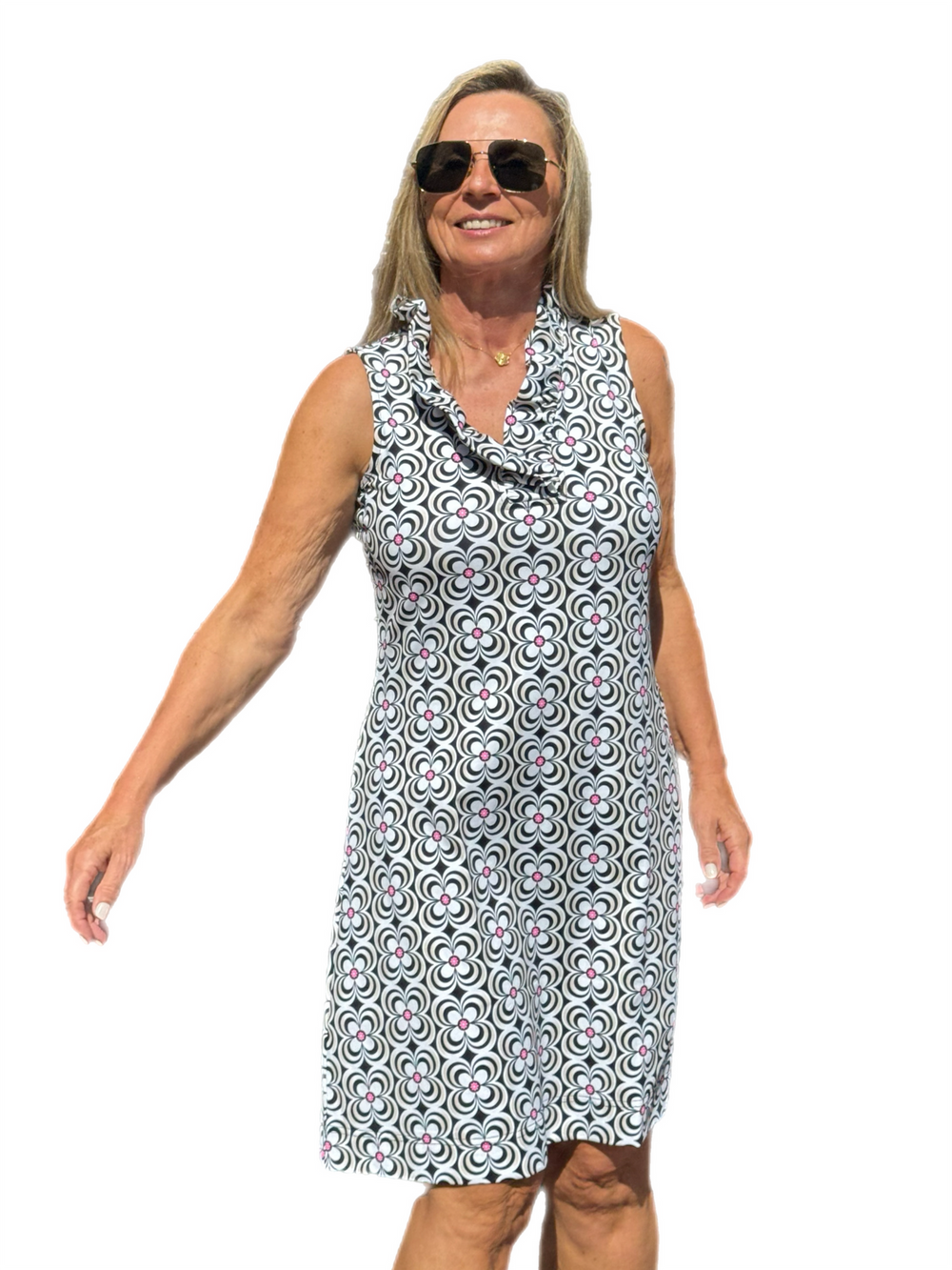 GAYLE BLACK & WHITE OPTIC DAISY SLEEVELESS RUFFLE NECK DRESS
