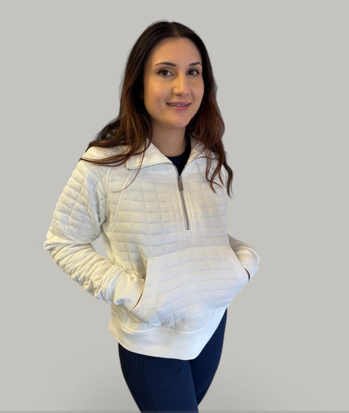 WHITE HALF ZIP QUILTED WAFFLE PULLOVER